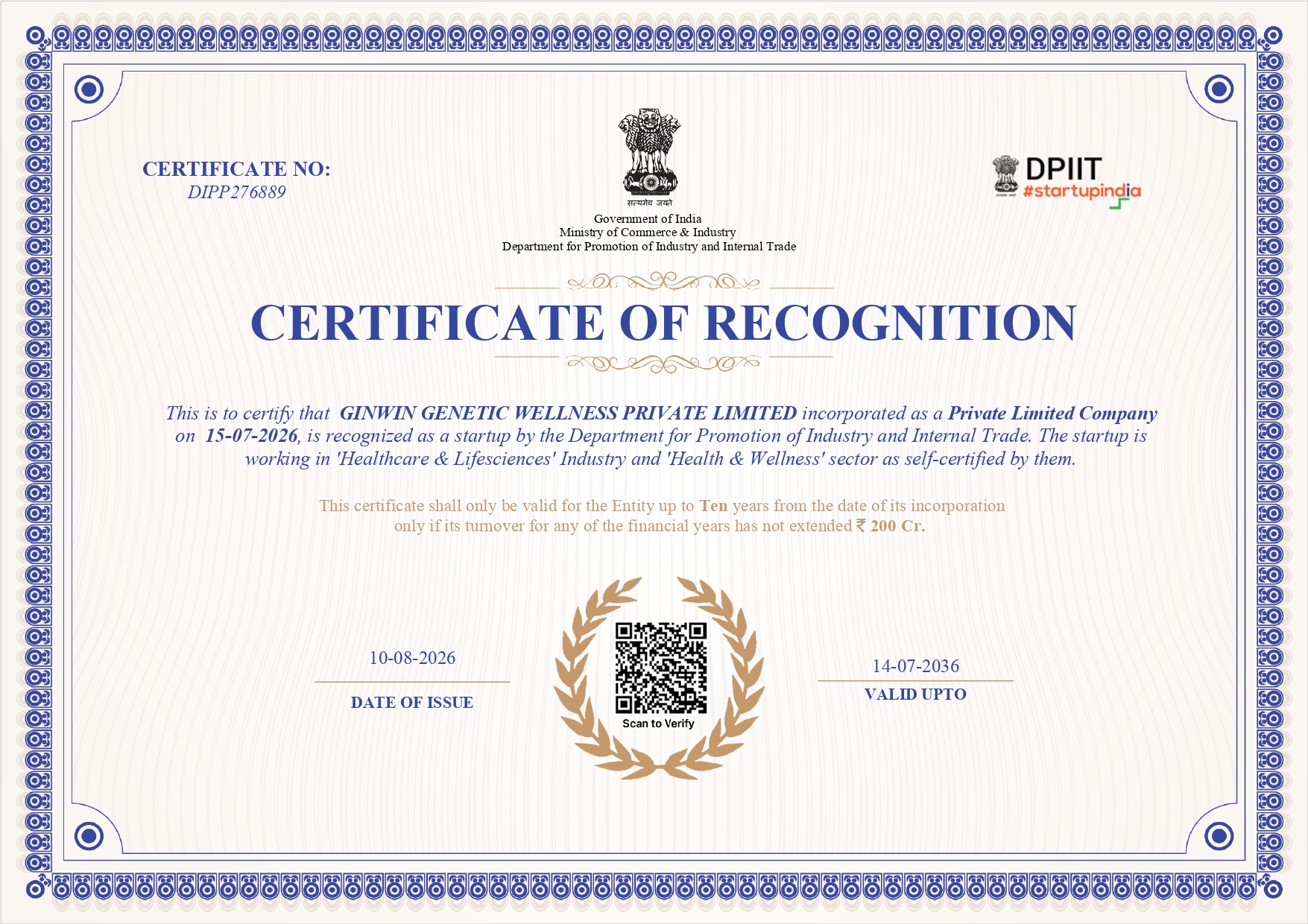 DPIIT Certificate of Recognition